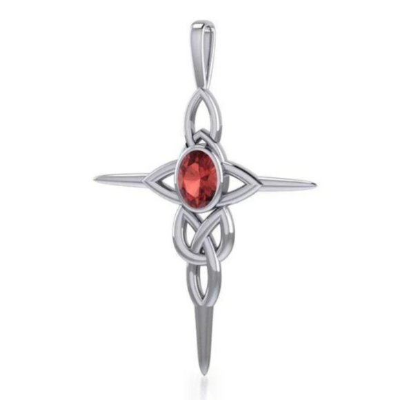 Peter Stone Jewelry - Celtic Knotwork Cross Sterling Silver Pendant with Genuine Garnet
